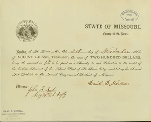 Staaten, die Daniel S. Horman von August Leisse, dem Schatzmeister des Staates Missouri, County of St. Louis, zweihundert Dollar als Prämie erhalten hat